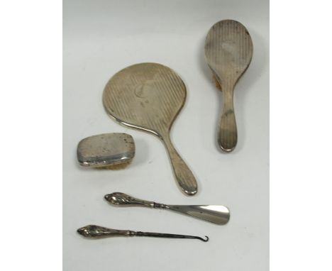 FIVE PIECES OF GEORGE V SILVER COMPRISING; engine turned HAND MIRROR and BRUSH SET, Chester 1921, and Birmingham 1919 respect