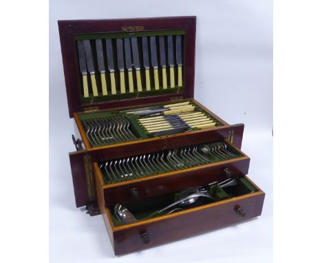 GOOD EDWARDIAN INLAID WALNUTWOOD TABLE TOP CANTEEN OF ELECTROPLATED CUTLERY FOR 12 PERSONS, with lift up lid and two drawers 