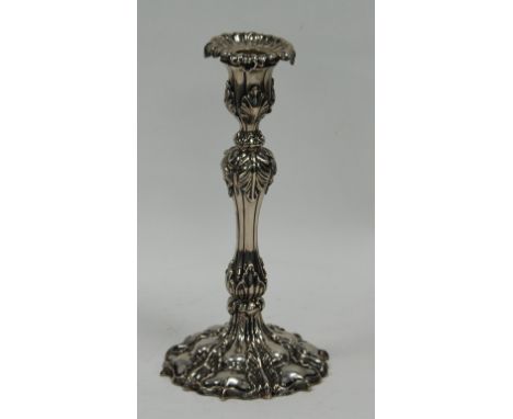 SILVER TABLE CANDLESTICK, with removable drip tray, the campana shaped sconce, baluster column and shaped circular base, lobe