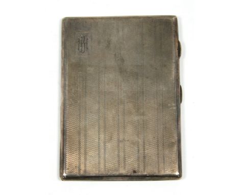 SILVER POCKET CIGARETTE CASE, oblong with canted edges, striped engine turned decoration, 4 7/8" wide, Birmingham, 1942, 6 1/