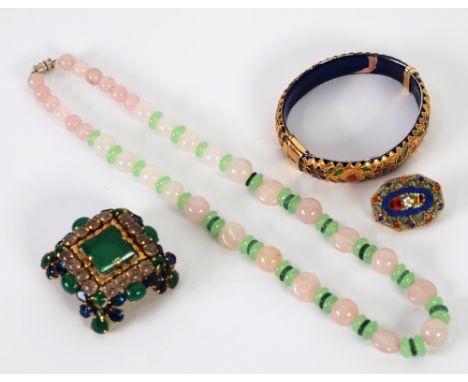 ORIENTAL HARDSTONE BEAD NECKLACE; CLOISONNE ENAMELLED BROAD BANGLE, hinge opening; a large square COSTUME BROOCH 'Made in Ger