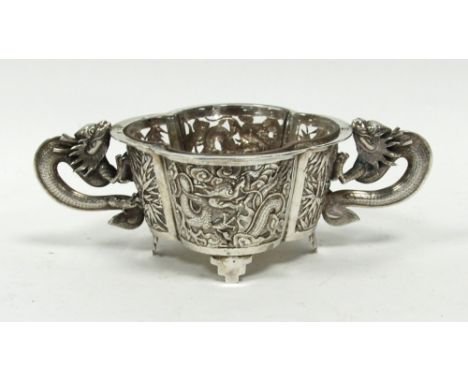 A LATE NINETEENTH CENTURY CHINESE SILVER SUGAR BOWL by Luen Wo (Shanghai), with clear glass liner, the quatrefoil bowl pierce