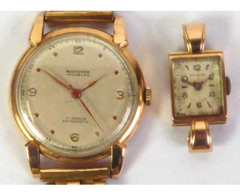 BUCHERER SWISS MADE 18K GOLD CASED INCABLOC 17 JEWEL AUTOMAGNETIC GENTLEMAN'S WRISTWATCH with sweep seconds hand and Arabic q