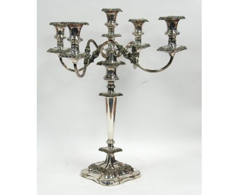 SILVER ON COPPER FIVE LIGHT CANDELABRUM, the  removable top having raised centre sconce and four reflex scroll branches, on c