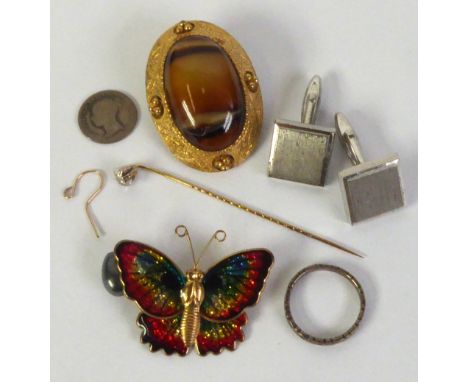 YELLOW AND WHITE GOLD (UNMARKED) TINY DIAMOND SET STICK PIN and a few costume and other items