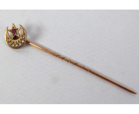 9ct GOLD STICK PIN, the star and crescent top set with seed pearls and a tiny ruby, in case, Chester hallmark 