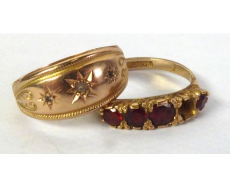 PROBABLY VICTORIAN 9ct GOLD RING, the broad lozenge shaped top, star set with three tiny diamonds, ring size L/M, and a 9ct G