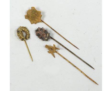 VICTORIAN STICK PIN with gold and silver oval top;  gold coloured metal Masonic STICK PIN and 2 other Victorian gold coloured