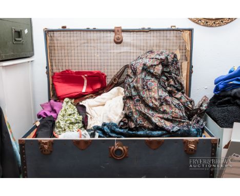 A blue travelling trunk, with contents, including textiles, a 1950s jacquard dress, Japanese kimonos, etc. (qty)