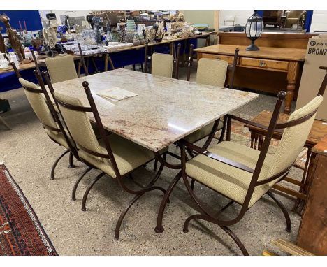 Modern Bennington marble topped Windsor dining table together with a set of six Balmoral chairs, original receipt stating the