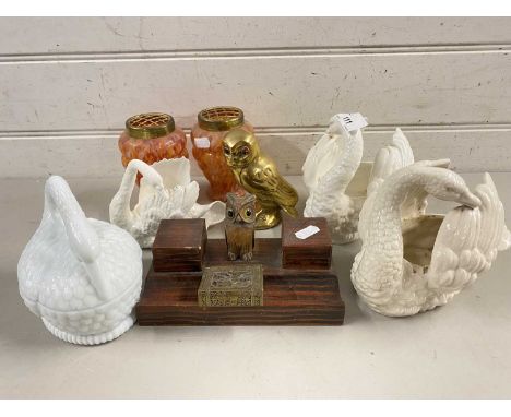 Mixed Lot: Porcelain model swans, small milk glass swan shaped container, pair of mottled glass vases, a brass owl and a wood