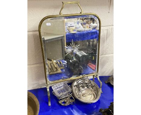 Mixed Lot: Brass framed mirrored fire screen together with various silver plated items