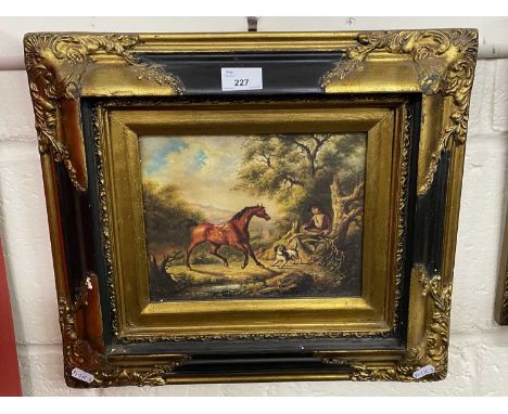 Reproduction oleograph of rural scene with horse, gilt framed