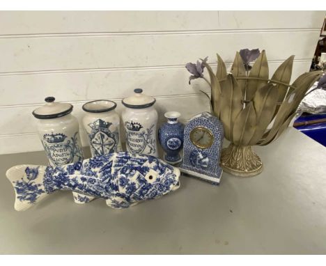 Mixed Lot: Reproduction blue and white drug jars, large pottery fish, small blue and white mantel clock, a metal flower forme