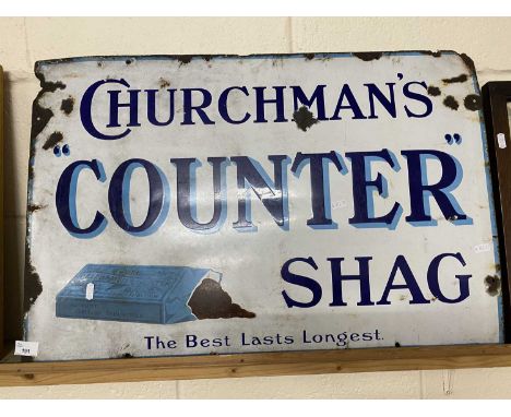 Enamel advertising sign 'Churchmans Counter Shag, The Best Lasts Longest', 76cm wide