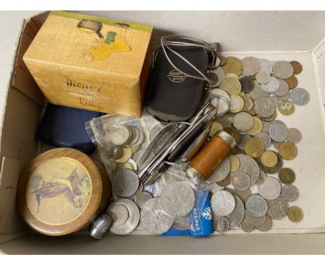 Large collection of various coinage, folding cutlery set, vintage light meter and other items