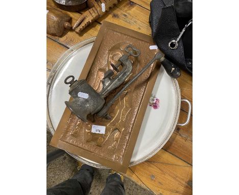 Mixed Lot: Large porcelain and metal galleried serving tray, a vintage mincer and a copper wall plaque