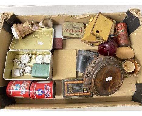 Box of various mixed items to include assorted pocket watches, vintage cash tin, Kodak camera, Chinese hardwood vase stand, v