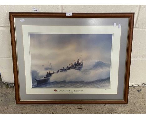 Lifeboat Interest - RNLI Gold Medal Rescues, Cromer, The Wreck of the SS Fernenbo 9th January 1917, coloured print, framed an