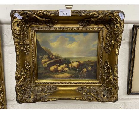 Reproduction oleograph coastal scene with sheep, gilt framerd