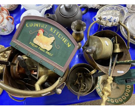 Mixed Lot: Copper and brass wares to include coal bucket, fire tools, small watering can, jardiniere, vases etc plus a furthe