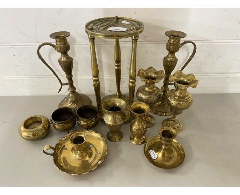 Mixed Lot: Various brass vases, candlestick and other items