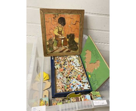 Box of vintage jigsaw puzzles, vintage building blocks etc