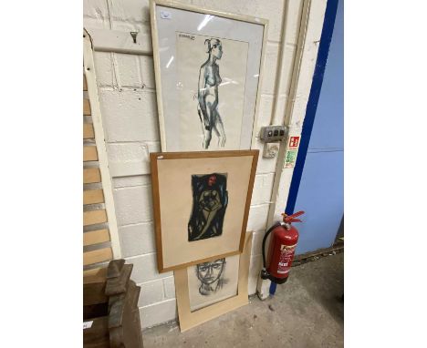 J.Dhar portrait of a female nude together with two further abstract portrait prints and one other (4)