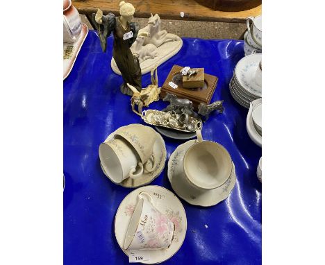 Mixed Lot: Various tea wares, unicorn model, Art Deco style resin figure, miniature silver plated tea set and other assorted 