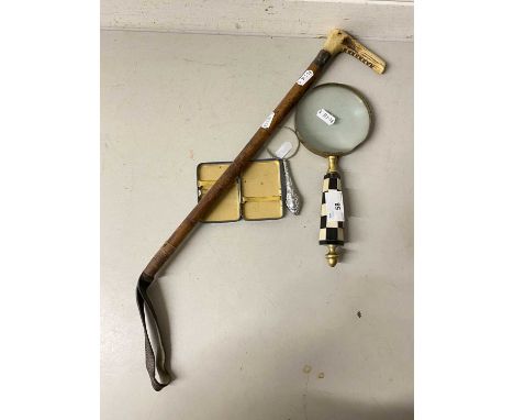 Mixed Lot: Magnifying glass, vintage riding crop etc
