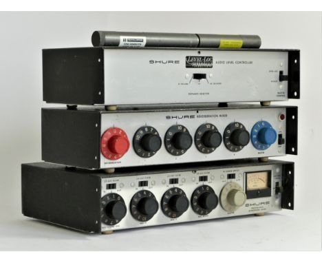 A Shure Level-Loc Audio Level Controller (model No M62), a Shure Professional Microphone Mixer (model No M67-2E) and a Shure 
