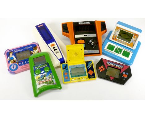 Seven electronic handheld and tabletop games, to include Bambino Master-Blaster Station, Baseball, Coleco Alien Attack, Casio