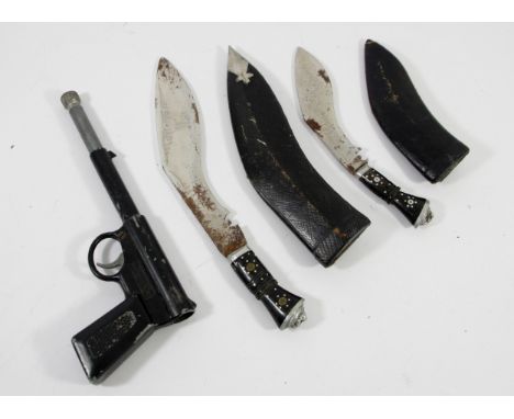An Indian Kukri with 22cm blade, scabbard, another with a 15cm blade and a Harrington &amp; Son The Cat air pistol (3). 