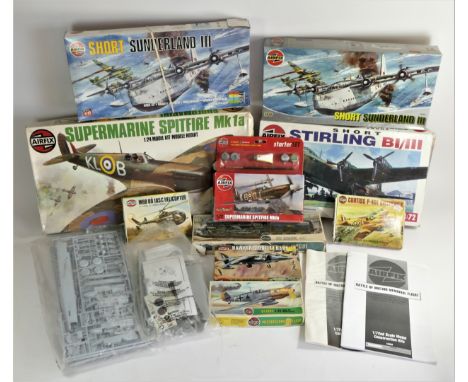 Ten Airfix model kits, boxed, to include a Supermarine Spitfire Mk 1a, 1/24 scale, a Short sunderland III, 1:72 scale x 2, a 