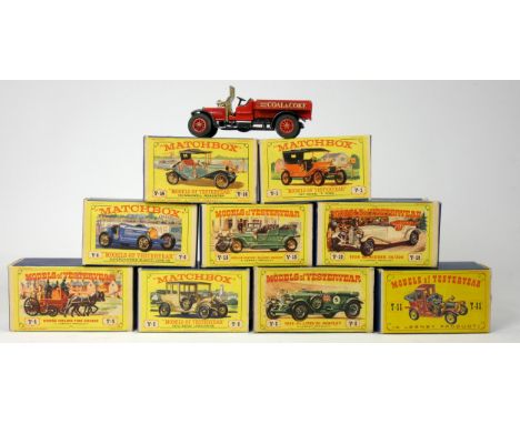 Nine Matchbox Models Of Yesteryear, original boxes, to include Horse Drawn Fire Engine (Y-4), 1911 Maxwell Roadster (Y-14), 1