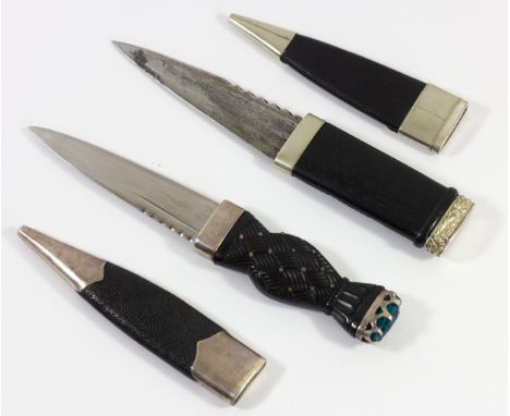 A Scottish Sgian Dubh, the wood hilt with woven and stud decoration, green paste pommel, leather scabbard with silver plated 
