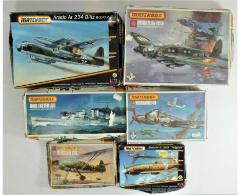 A collection of six Matchbox model kits, to include a Heinkel He 111 H, 1:72 scale, an Arado Ar 234 Blitz, 1:72 scale, an HMS