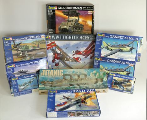 Ten Revell model kits, boxed, to include an HMS Titanic, 1:scale, a Supermarine Spitfire Mk.XVi, 1:48 Scale, a Fairey Gannet 