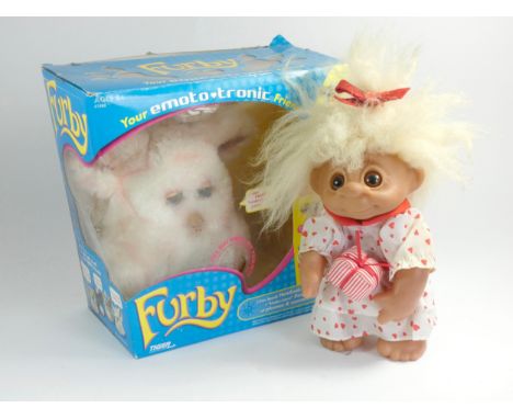 A Tiger Electronics Furby, original box, Furby Island DVD, instruction manual and play manual, together with a Troll doll (2)