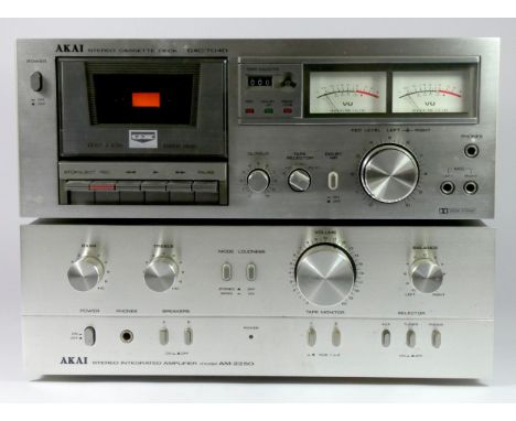 An Akai stereo intergrated amplfier (model AM-2250), with leads and original box, together with a Akai stereo cassette deck, 