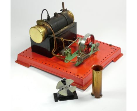 A Mamod Static Steam Engine, twin cylinder superheated steam engine, S.E.3., with brass chimney pipe and fan, original box 