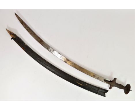An Indian Tulwar/Talwar sword, with simple crossguard, baluster grip, disc pommel and knopped quillons, the curved blade slig