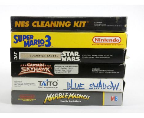 Five Nintendo NES cartridges, original boxes, to include Super Mario Bros. 3 (manual), Star Wars (manual), Captain Skyhawk (m