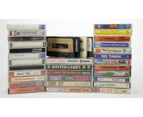 A collection of twenty three Commodore 64 cassettes, cased, to include Ramparts (insert), Shoot-Out (manual and insert), Star