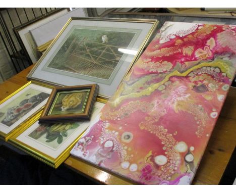 Mixed pictures to include a David Parry gouache depicting an owl on a gate, a David Parry oil depicting a lion, an abstract o