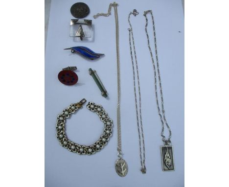 A small quantity of silver costume jewellery to include an Art Deco brooch, together with a Jade, gold and seed pearl brooch 