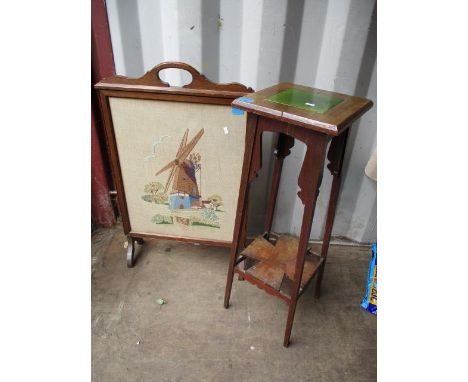 Early 20th century furniture comprising a two tier plant stand and a tapestry firescreen 