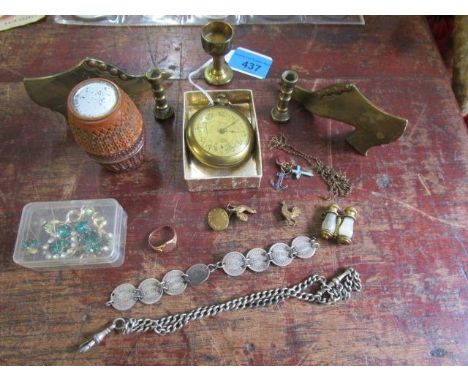 A mixed lot to include a pocket watch, trench art, a gold ring, other jewellery, French Stanhope binoculars depicting the Eif