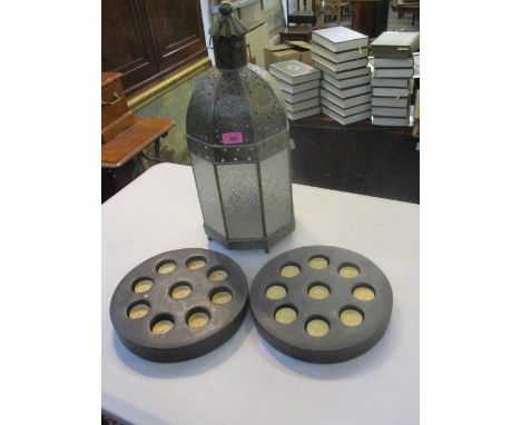 Lighting to include a Moroccan style brass lantern and a pair of nine pottery tea light holders 
