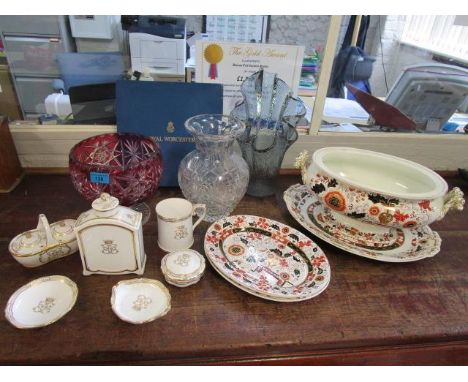 A selection of glass and ceramics to include a Victorian tureen, a Spode tea caddy, cranberry overlaid and cut pedestal bowl 